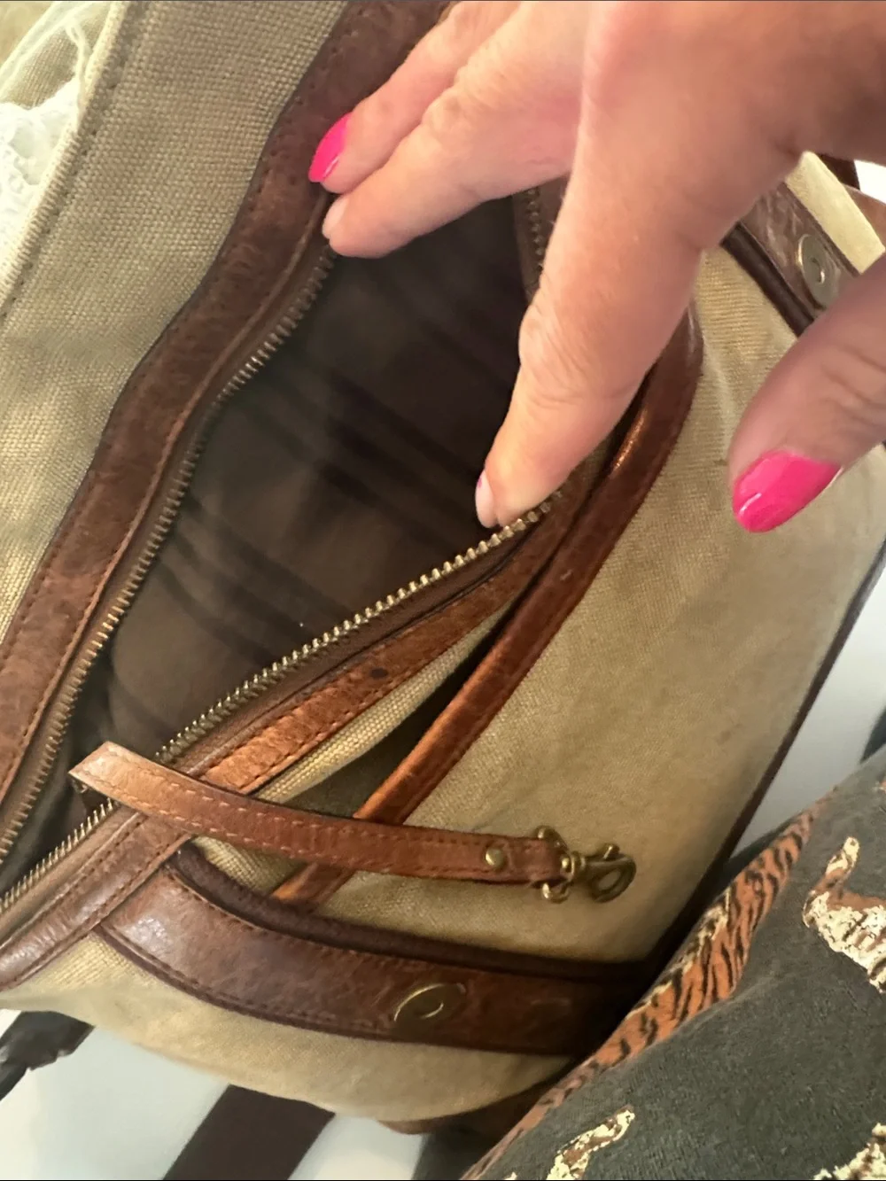 Frye Tan Canvas and Brown Leather Messenger Bag